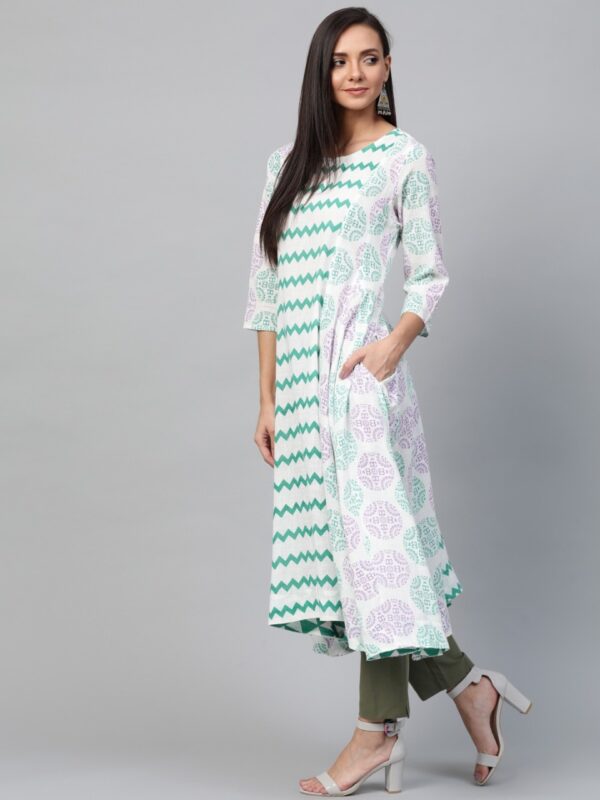 Sangria Women White & Green Printed A-Line Kurta