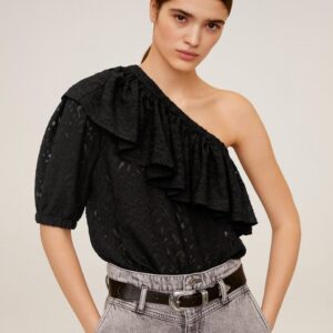 MANGO Women Self-Design One-Shoulder Semi-Sheer Top