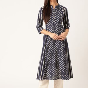 Moda Rapido Women Navy Blue & Beige Printed A-Line Kurta