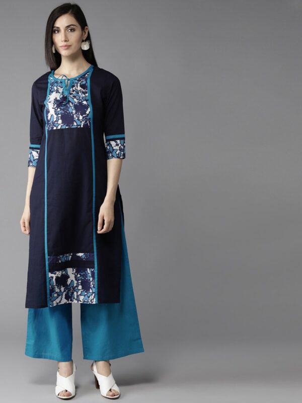 HERE&NOW Women Navy Yoke Design Kurta with Palazzos