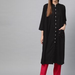 Sangria Women Black Geometric Embroidered Detail Straight Kurta