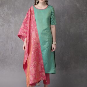 Anouk Women Green & Pink Solid Kurta with Trousers & Dupatta