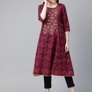 Sangria Women Pink & Navy Blue Printed A-Line Kurta