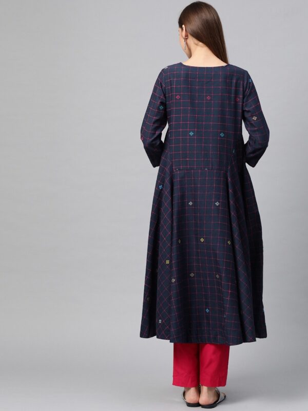 Sangria Women Navy Blue & Pink Checked A-Line Kurta