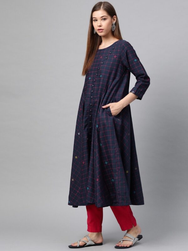 Sangria Women Navy Blue & Pink Checked A-Line Kurta