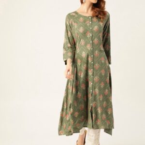 Sangria Women Olive Green & Pink Printed A-Line Kurta