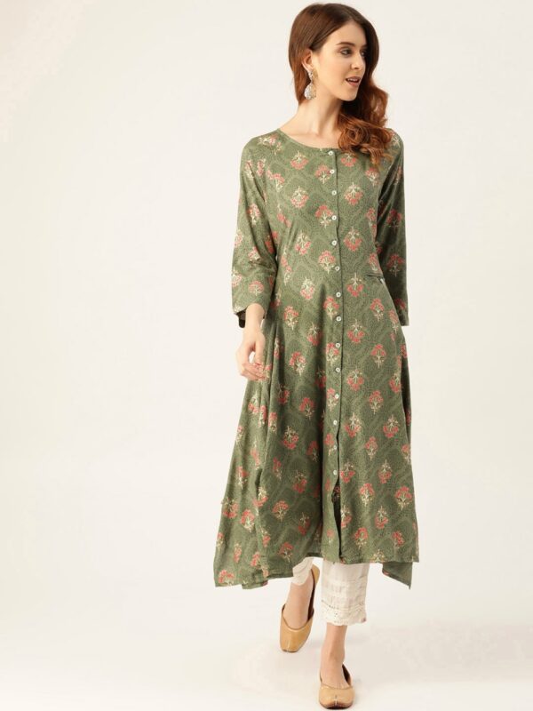 Sangria Women Olive Green & Pink Printed A-Line Kurta