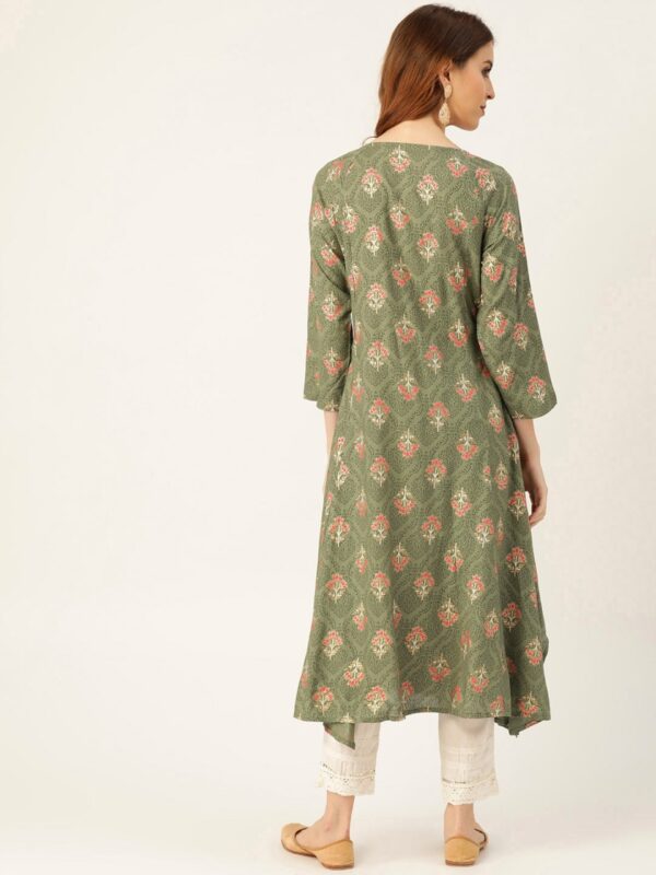 Sangria Women Olive Green & Pink Printed A-Line Kurta