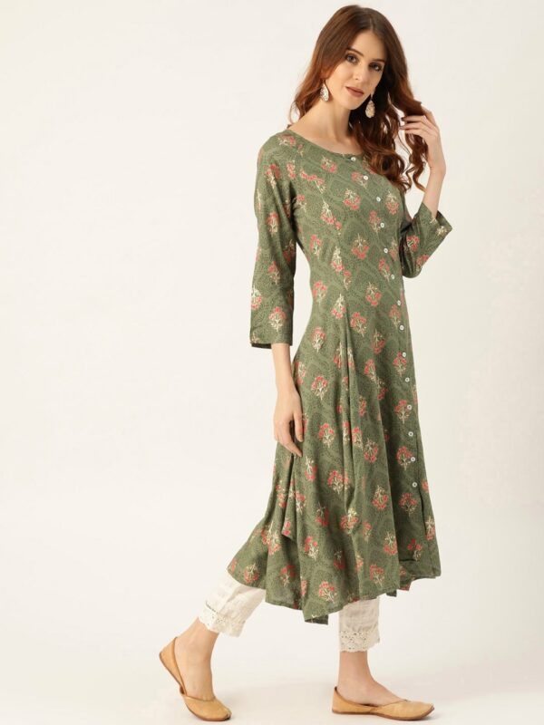 Sangria Women Olive Green & Pink Printed A-Line Kurta