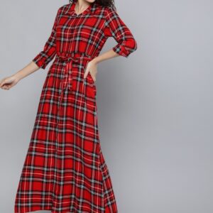 HERE&NOW Women Red & Black Checked Maxi Dress