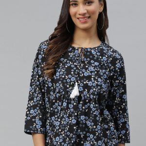 HERE&NOW Floral Tie-Up Neck Pure Cotton Empire Top