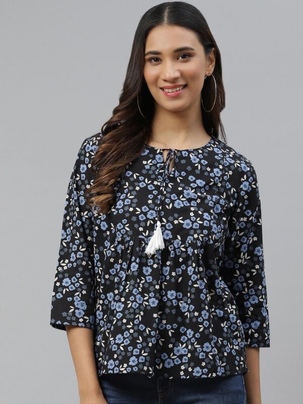 HERE&NOW Floral Tie-Up Neck Pure Cotton Empire Top