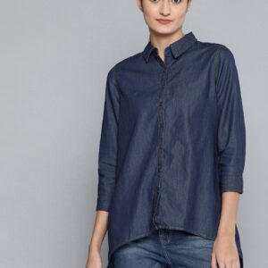 Chemistry Women Solid High-Low Chambray Casual Shirt