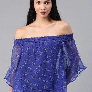 HERE&NOW Women Ditsy Floral Printed Bardot Sheer Top