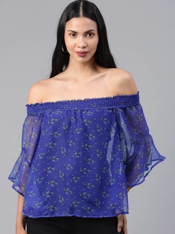 HERE&NOW Women Ditsy Floral Printed Bardot Sheer Top