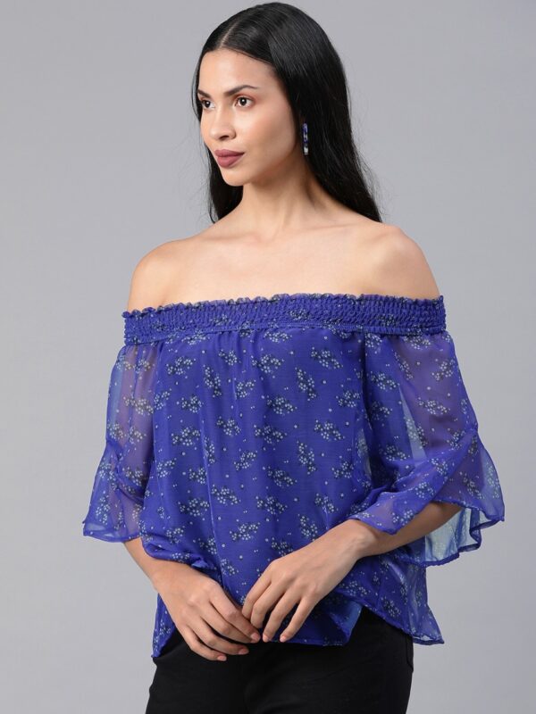 HERE&NOW Women Ditsy Floral Printed Bardot Sheer Top