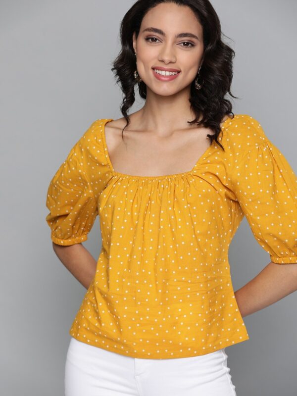 HERE&NOW Polka Dot Print Puff Sleeves Pure Cotton Regular Top