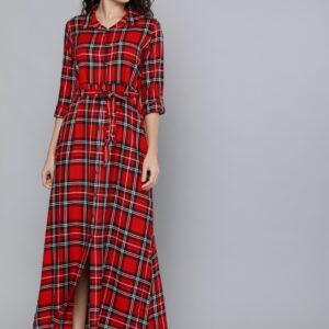 HERE&NOW Women Red & Black Checked Maxi Dress