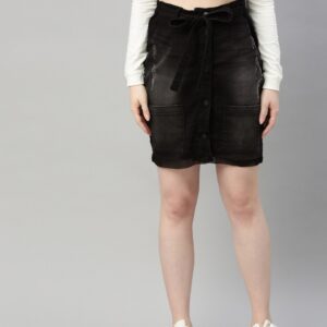 HERE&NOW Women Washed Distressed Straight Denim Skirt