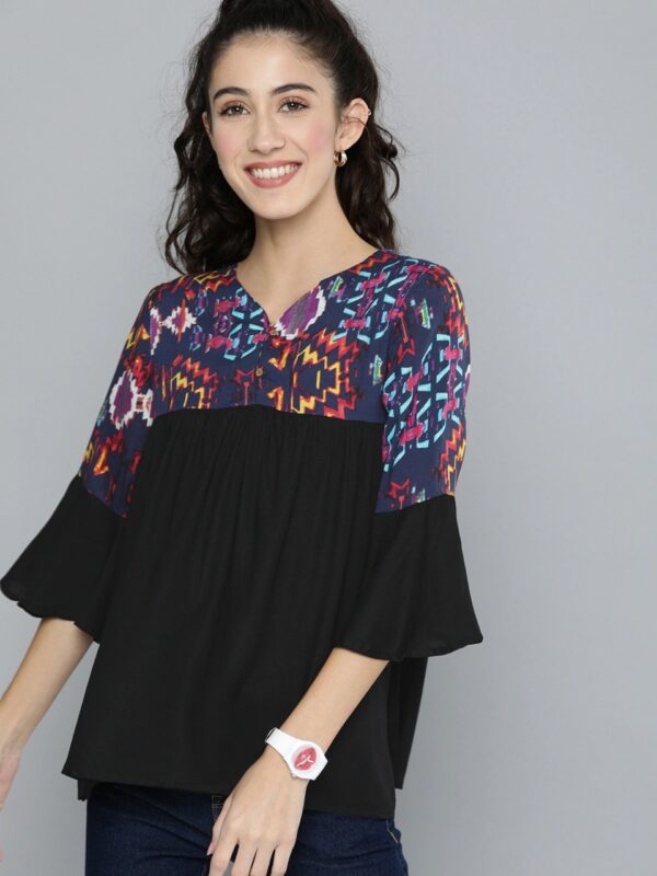 HERE&NOW Abstract Printed Bell Sleeves A-Line Top