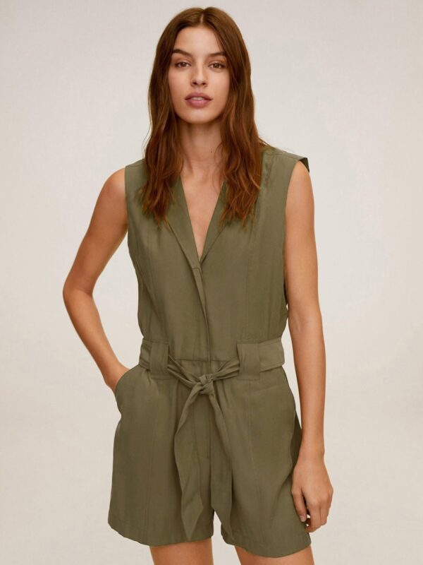 MANGO Women Solid Playsuit with Waist Tie-Ups