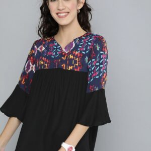 HERE&NOW Abstract Printed Bell Sleeves A-Line Top