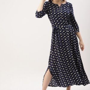 DressBerry Women Printed Navy Blue A-Line Dress