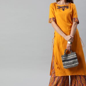 Anouk Women Mustard Solid Kurta with Palazzos