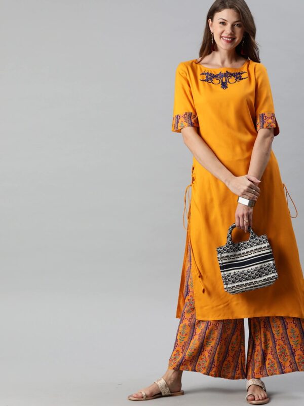 Anouk Women Mustard Solid Kurta with Palazzos