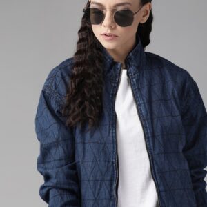 Roadster Women Navy Blue Self Design Denim Bomber Jacket