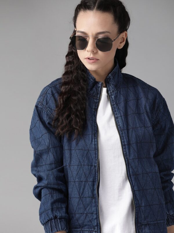 Roadster Women Navy Blue Self Design Denim Bomber Jacket