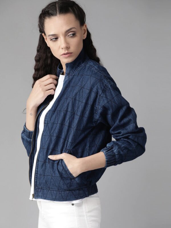 Roadster Women Navy Blue Self Design Denim Bomber Jacket