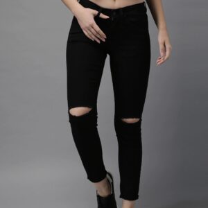 HERE&NOW Women Skinny Fit Mid-Rise Slash Knee Stretchable Cropped Jeans