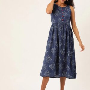 Taavi Women Hand Block Print A-Line Sustainable Dress with Gathers Detail