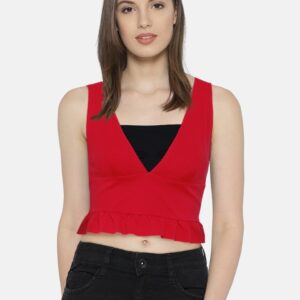 OVS Women Red Solid Cropped Fitted Top