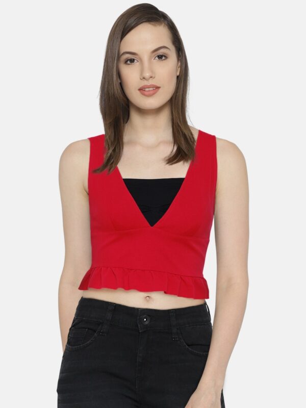 OVS Women Red Solid Cropped Fitted Top