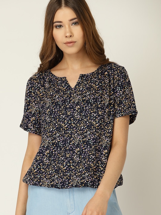 ESPRIT Women Navy Blue Printed Blouson Top