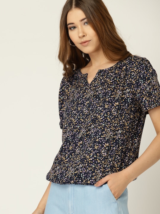 ESPRIT Women Navy Blue Printed Blouson Top