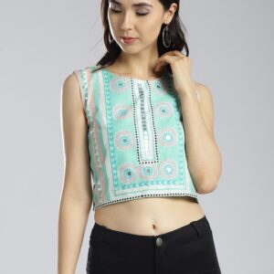 W Women Sea Green Printed Crop Top