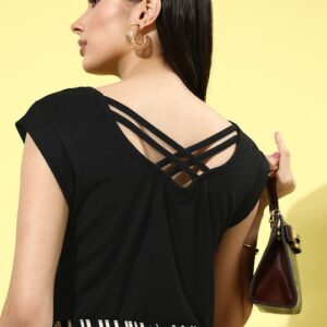 DressBerry Women Stylish Black Solid Cut-Out Basic Top