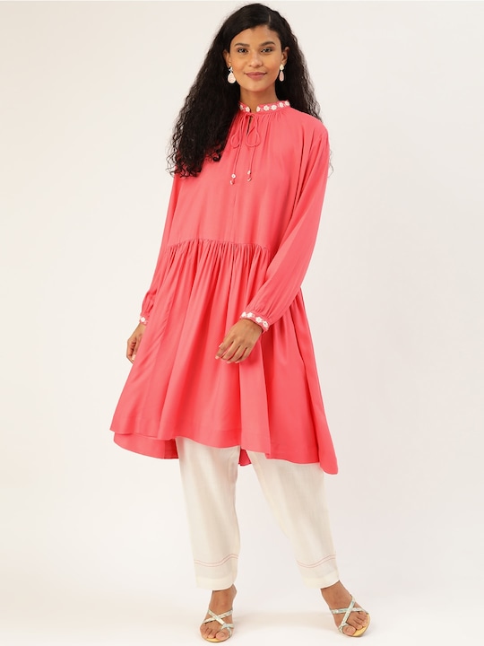 Sangria Women Coral Pink Solid A-Line Kurta