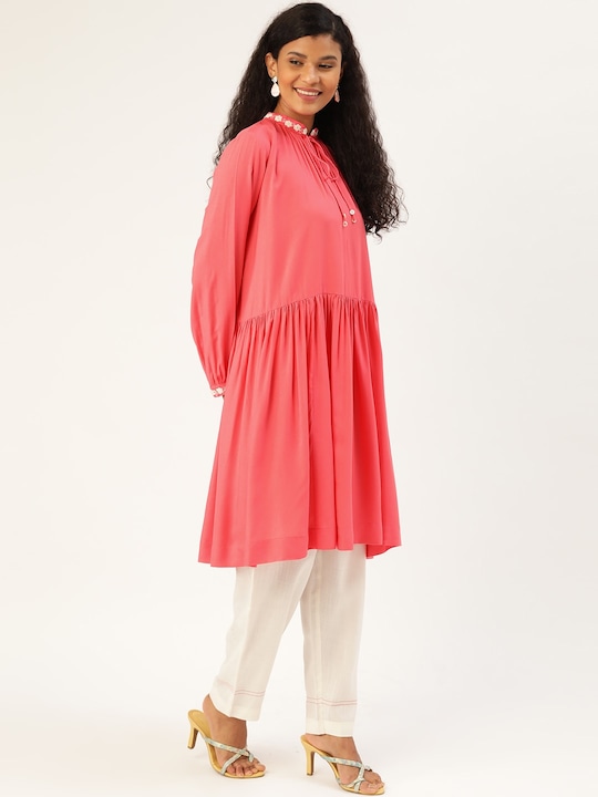 Sangria Women Coral Pink Solid A-Line Kurta