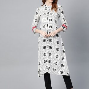 HERE&NOW Women White & Black Printed A-Line Kurta