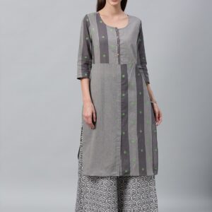 Anouk Women Grey Striped Straight Kurta with Thread Work