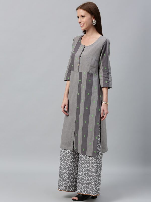 Anouk Women Grey Striped Straight Kurta with Thread Work