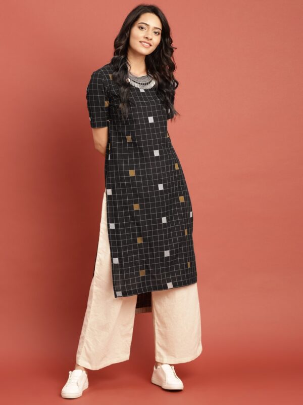 Taavi Women Checked Woven Legacy Straight High-Low Sustainable Kurta