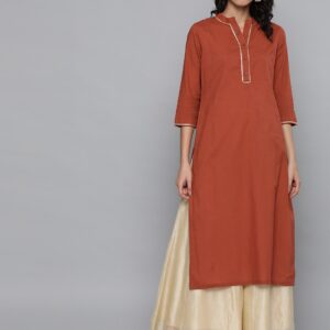 HERE&NOW Women Brown Solid Pure Cotton Straight Kurta