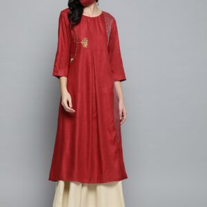 HERE&NOW Women Maroon Embroidered Detail A-Line Kurta