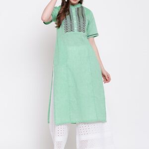 Shakumbhari Women Green Embroidered Straight Kurta