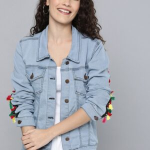 HERE&NOW Women Solid Tasseled Denim Jacket